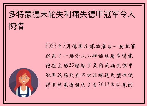 多特蒙德末轮失利痛失德甲冠军令人惋惜 多特蒙德末轮失利痛失德甲冠军令人惋惜
